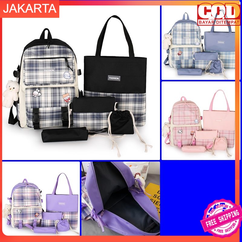 Bq3140 JT18252 GT1837 CR7838 EL6590 Black,Blue,Pink,Purple Tas Ransel Set 5in1 Wanita Cantik Import
