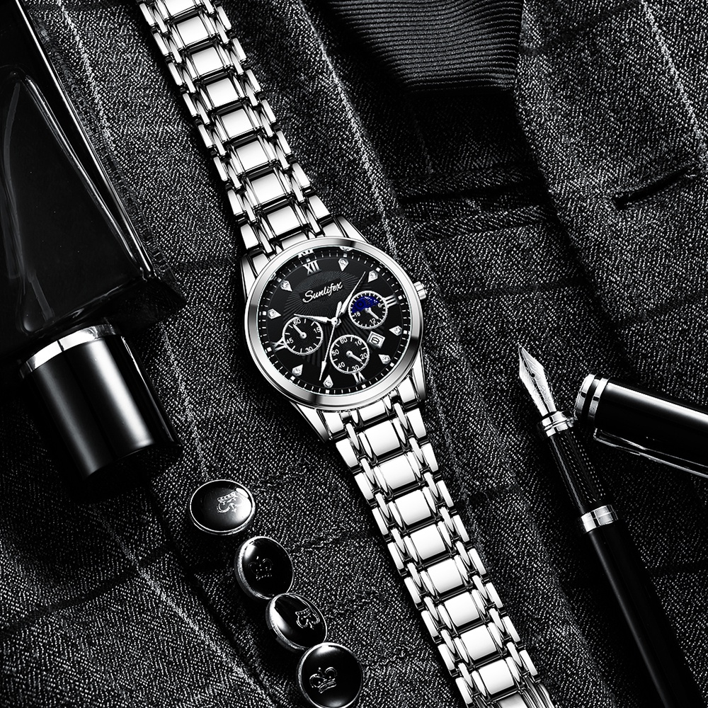 Sunlifex Jam Tangan Pria Original 9004A Kuarsa Calendar Tali Stainless Steel Mode Santai Jam Tangan Cowok-2