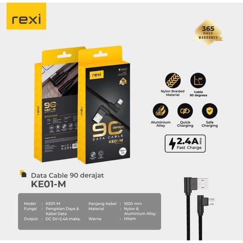 KABEL DATA REXI 90 DERAJAT KE01-C (TYPE C) DAN KE01-M (MICRO ) USB 2.4A Fast Charging CABLE