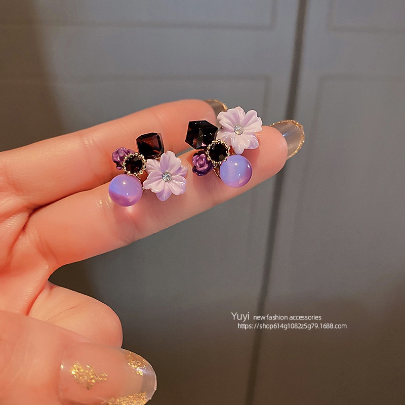 Korea Berlian Imitasi Zirkon Opal Kristal Bunga Anting Desain Fashion925 Perak Jarum Ungu Earrings