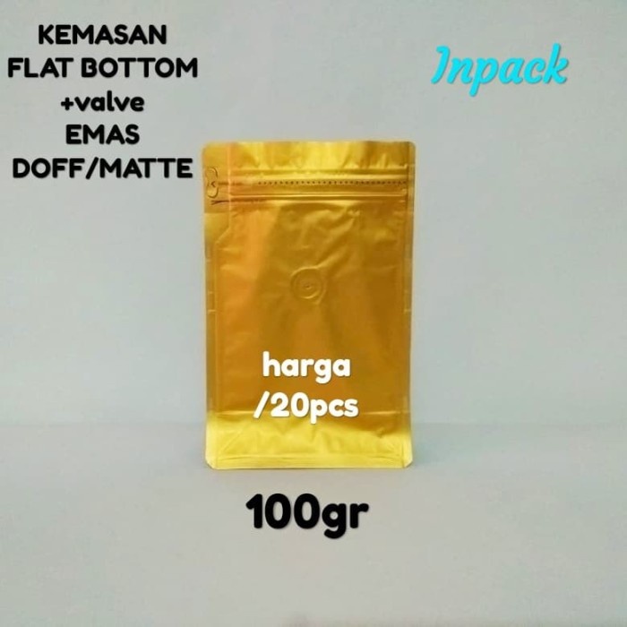 

Terlaris ✨ - kemasan kopi flat bottom +valve emas doff 100gr (isi 20pcs) merk kpack 2.1.23