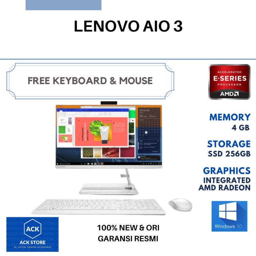 Lenovo AIO 3 C1ID AMD 3020E 4GB SSD 256GB WIN10 OHS 21.5" DVD