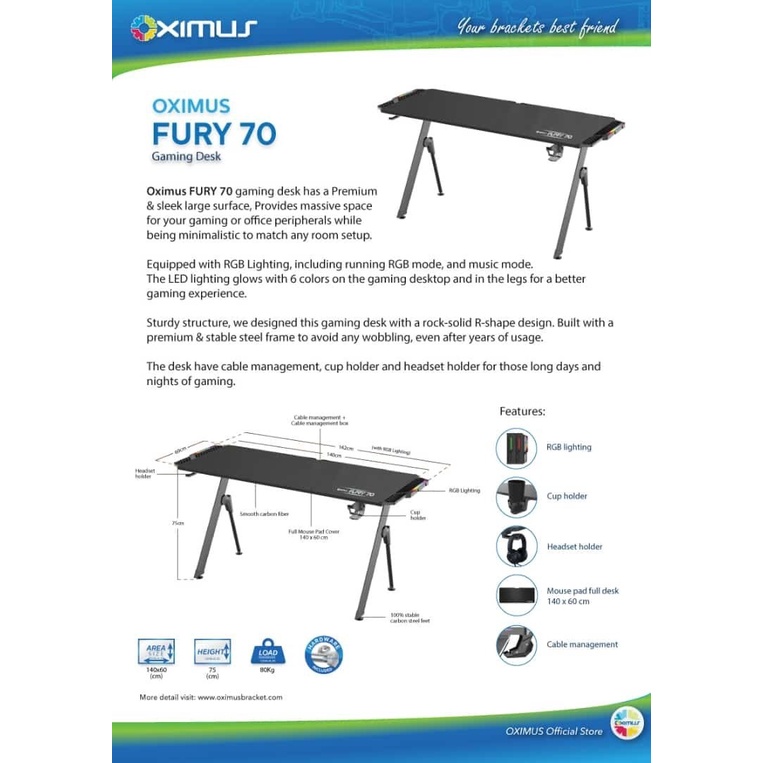 Oximus FURY70 I FURY 70 - Carbon Fiber RGB Meja Computer I Gaming Desk