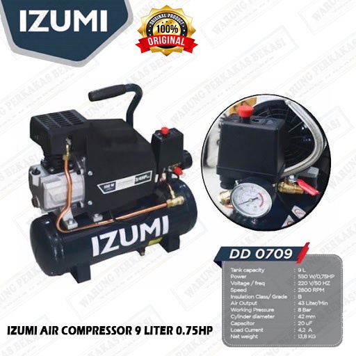 Izumi Japan Technology 0.75HP 9L Mesin Kompresor Listrik 3/4HP DD0709 Mini 9 Liter Oli Set