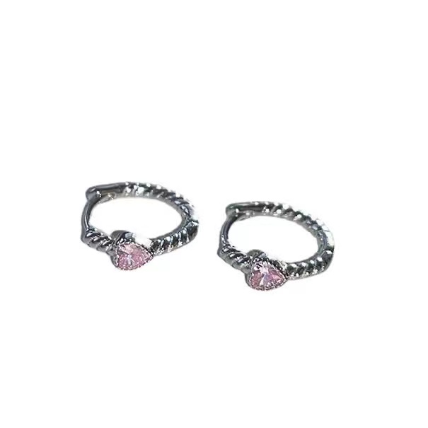 IFYOU Anting Tusuk Simple Love Pink Zircon Silver Earrings Untuk Aksesoris Perhiasan Wanita