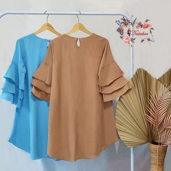 Tunik Lengan Lonceng Tumpuk Atasan Wanita Dewasa Bahan Wollycrepe Lengan Terompet Panjang Motif Bordir Bunga Fit L