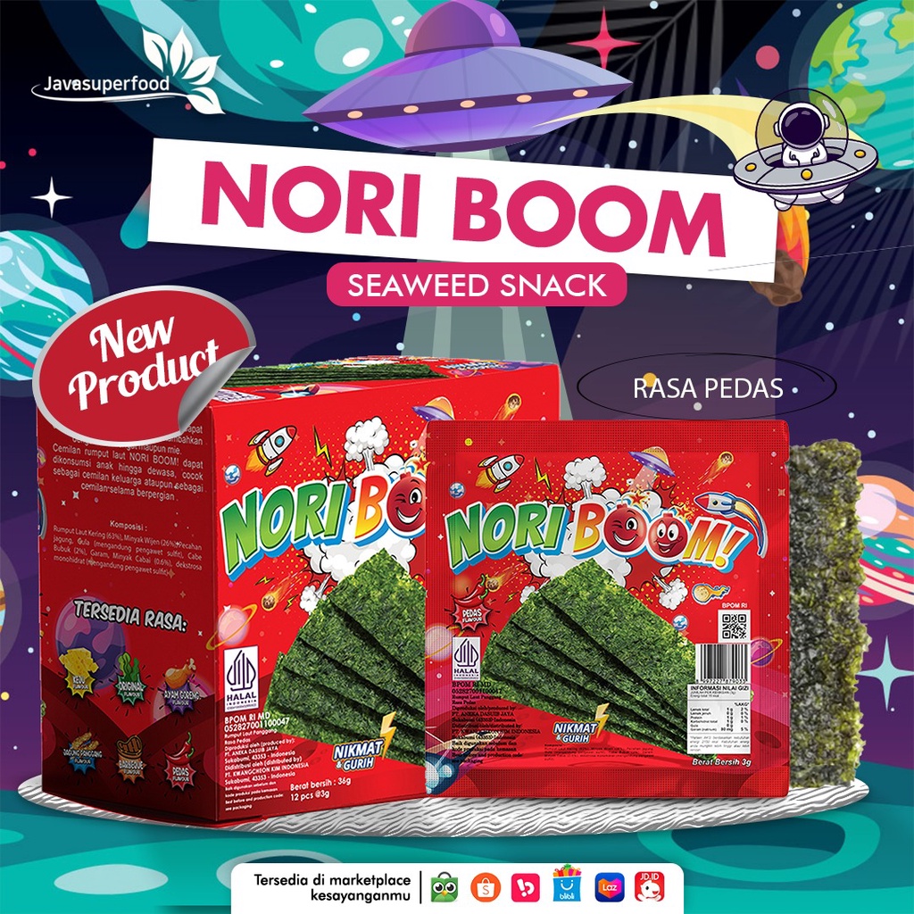 NoriBoom (1 BOX ISI 12 PCS) / Nori Sachet Seaweed Snack 3g Rumput Laut Halal