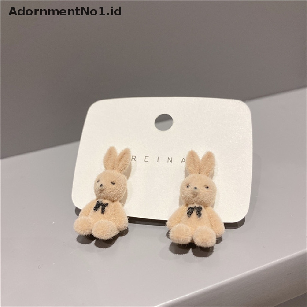 [AdornmentNo1] Lucu Flocking Plush Rabbit Bear Stud Earrings Gadis Kawaii Perhiasan Anting Hewan [ID]