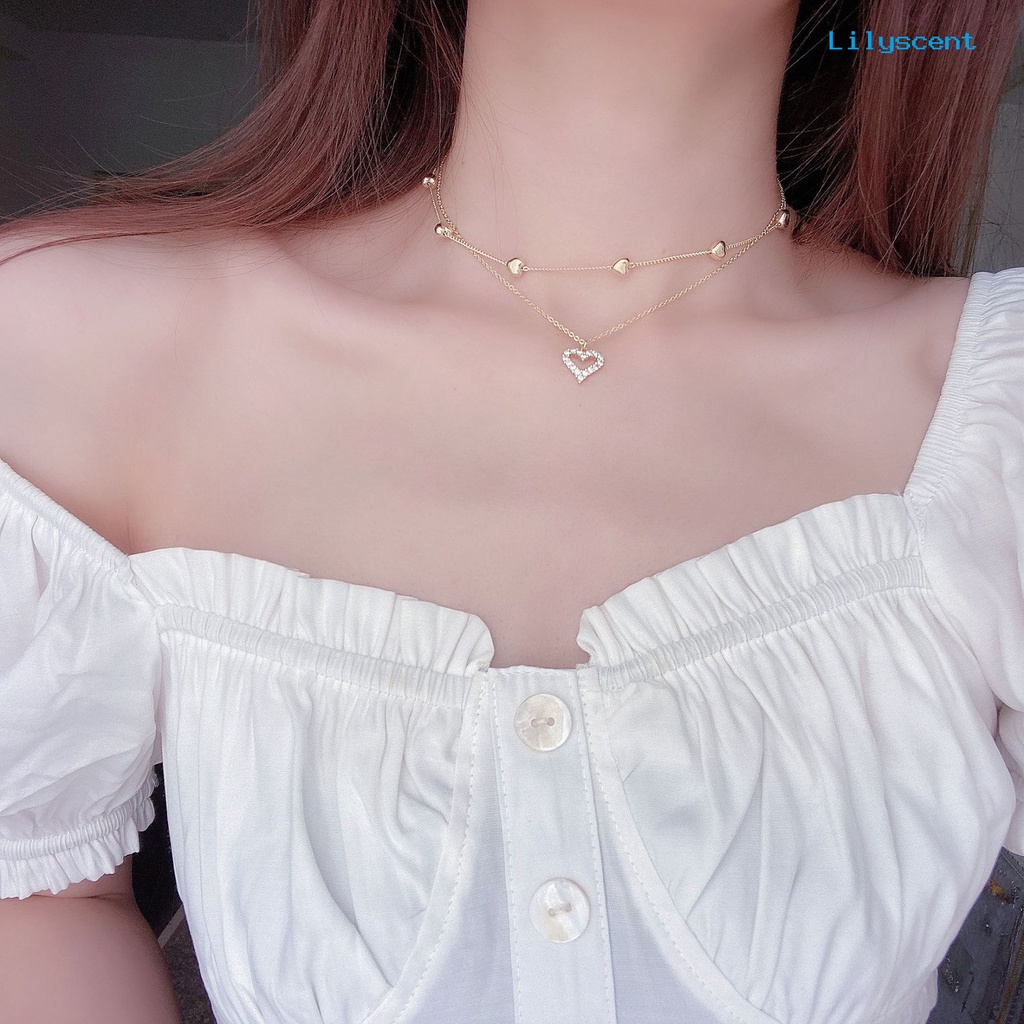 Ls Wanita Kalung Double Layer Dainty Rantai Emas Berlian Imitasi Mengkilap Jantung Liontin Wanita Klavikula Kalung Fashion Perhiasan