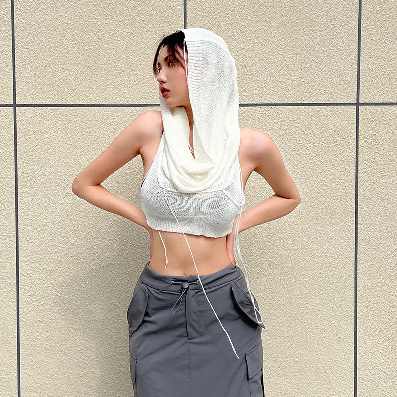 ☽Sancokis gaya Eropa dan Amerika berkerudung lengan panjang rajutan top niche high street babes sexy slim crop top