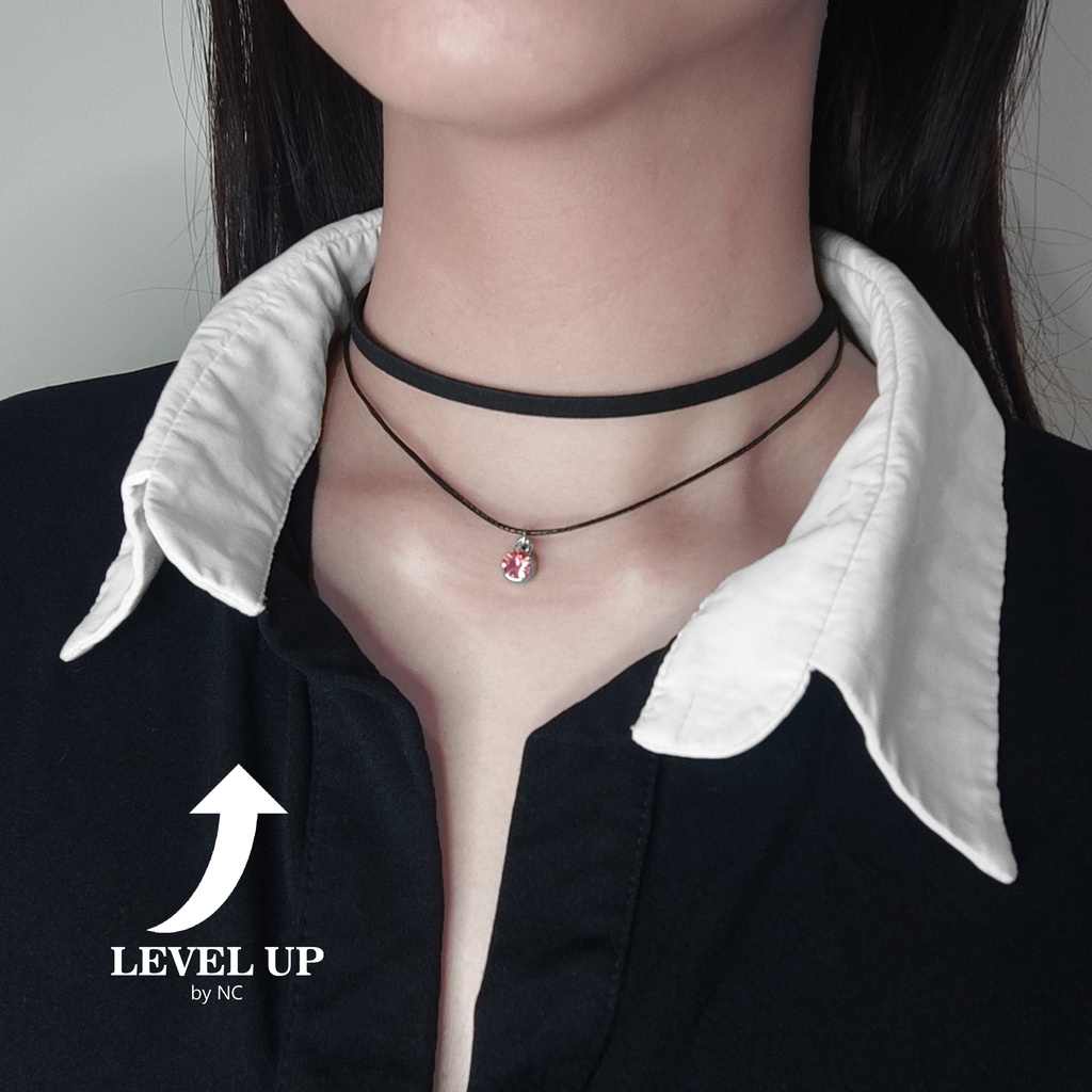 Kalung Choker Rhinestone Leather dan Tali Suede Korea - Pink
