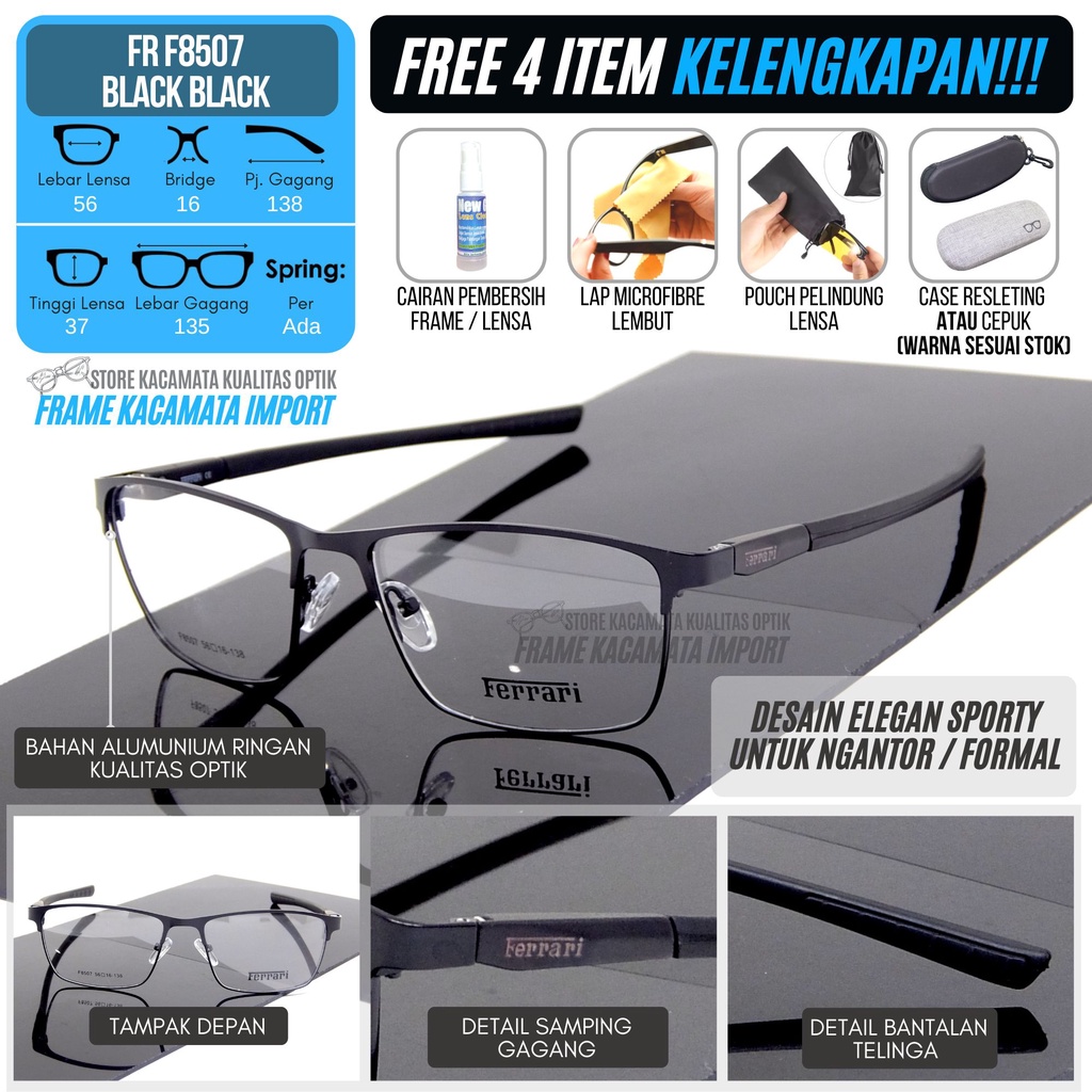 Frame Kacamata Pria Sporty Logam Ringan Lensa Minus Silinder