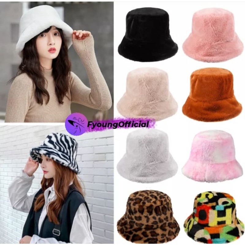 TOPI BUCKET HAT BAHAN BULU POLOS WANITA/TOPI BULU HANGAT MUSIM DINGIN/BUCKET HAT BULU KOREAN STYLE