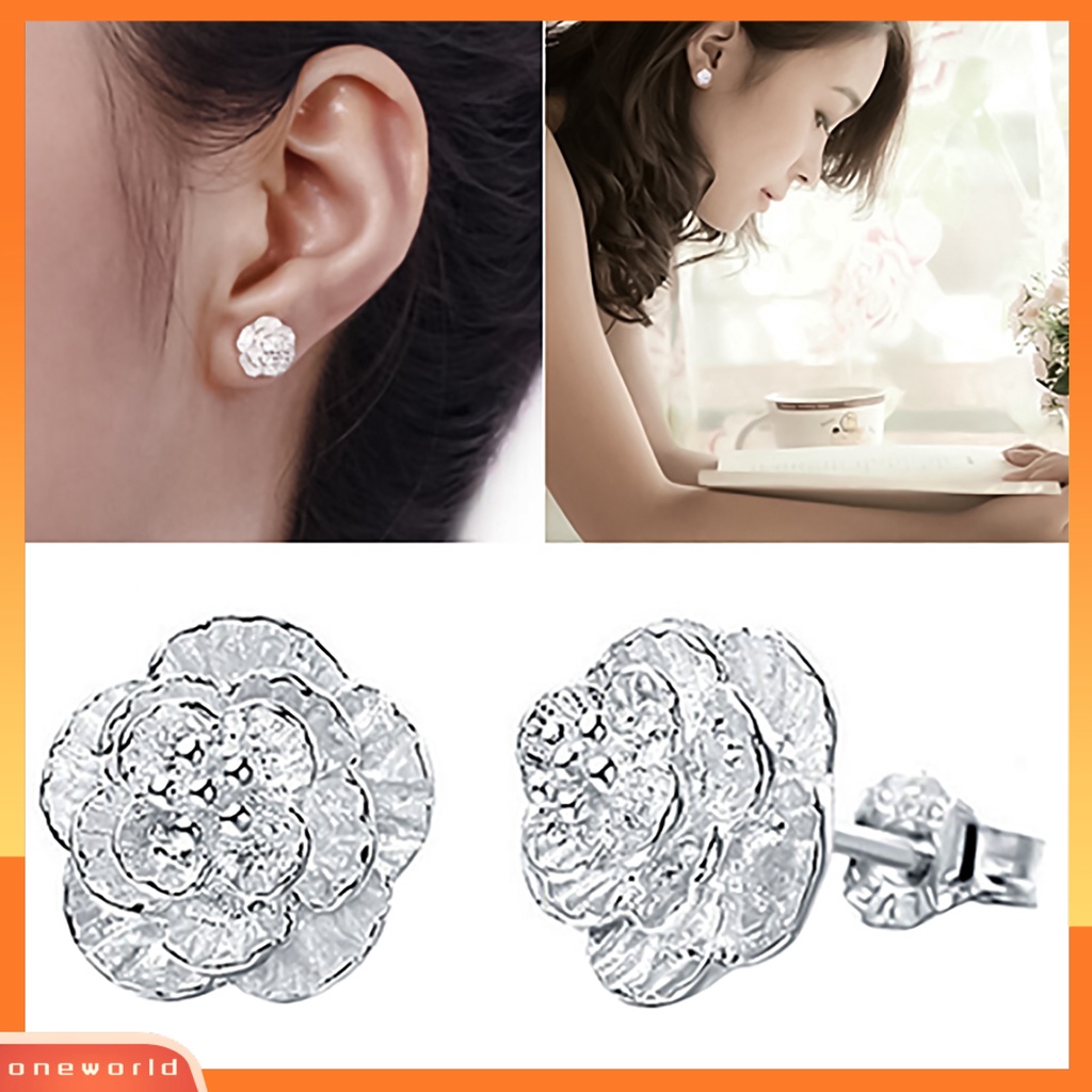 {oneworld} 1pasang Perhiasan Anting Tusuk Wanita Fashion Romantis Bentuk Bunga Lapis Perak Untuk Pesta