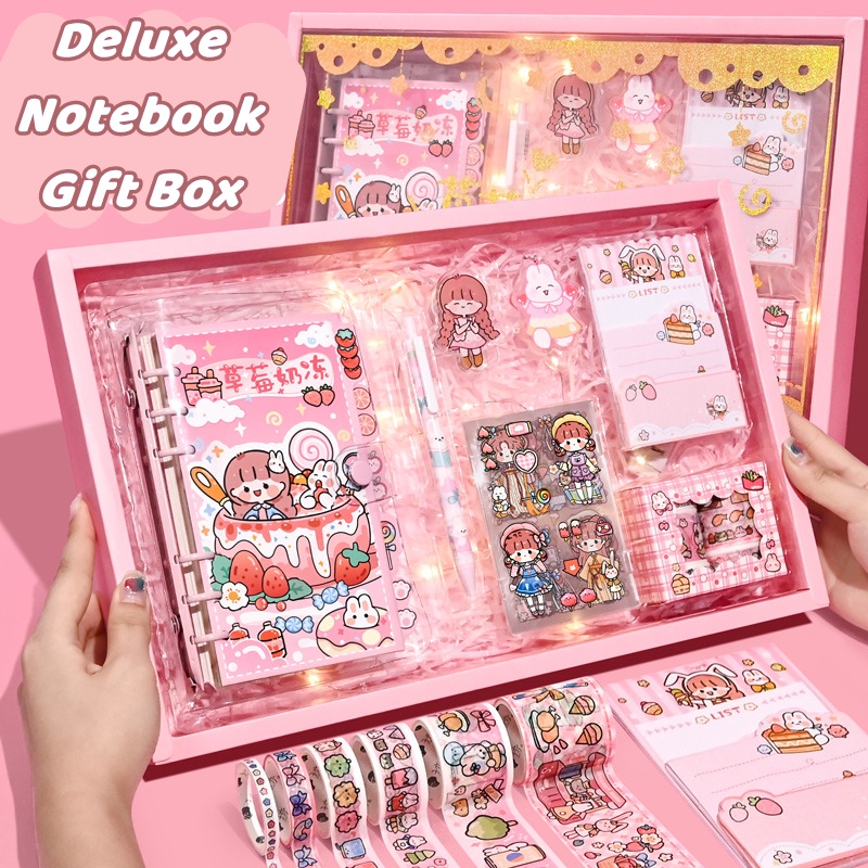 Deluxe Set Stiker Kartun Dengan Akun Tangan Notebook Gift Box Light String Tape Sticky Notes Set Teman Hadiah Alat Tulis