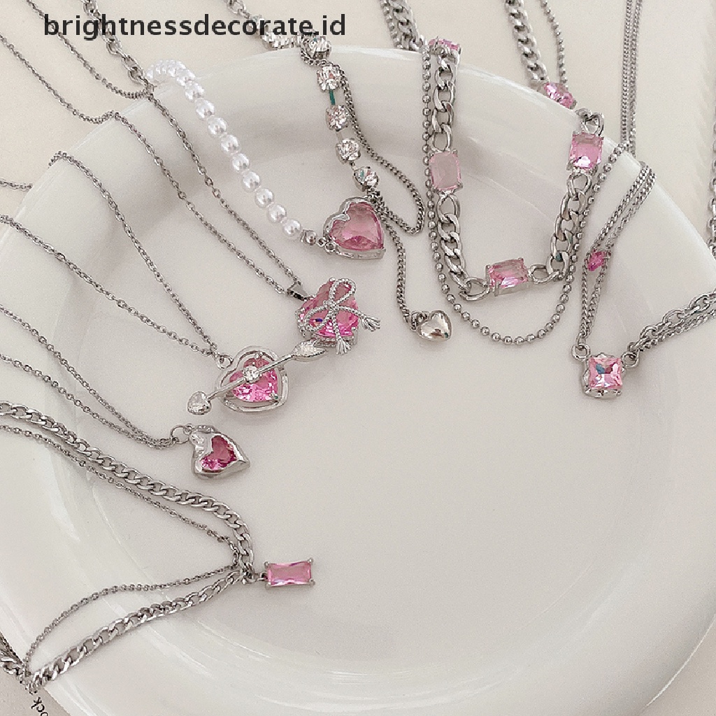 [Birth] Trendy Pink Kristal Jantung Liontin Kalung Heart Pearl Beads Chains Choker Necklace Untuk Wanita Kerah Aksesoris [ID]