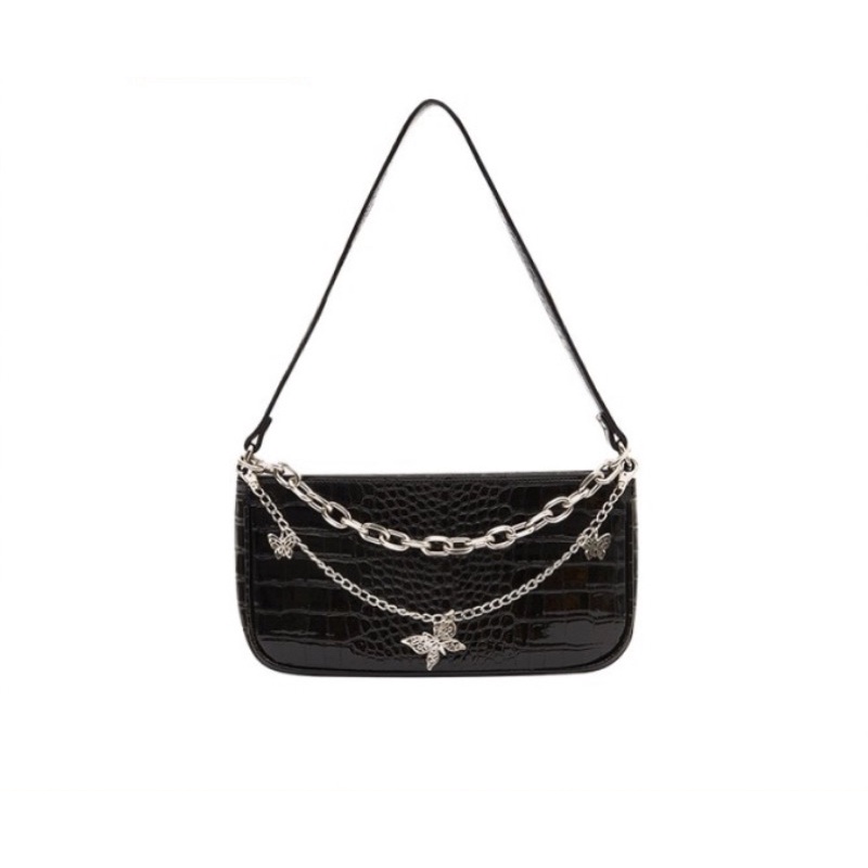 Tas Bahu Wanita Kulit Hitam & Putih Motif Crocodile Pattern Butterfly