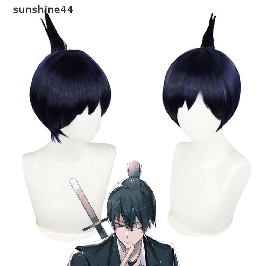 Sunshine Anime Chain Man Aki Hayakawa Cosplay Wig Hitam Topknot Style Rambut Serat Dengan Topi Wig Halloween Party Role Play Wig Pria Wig Pesta.