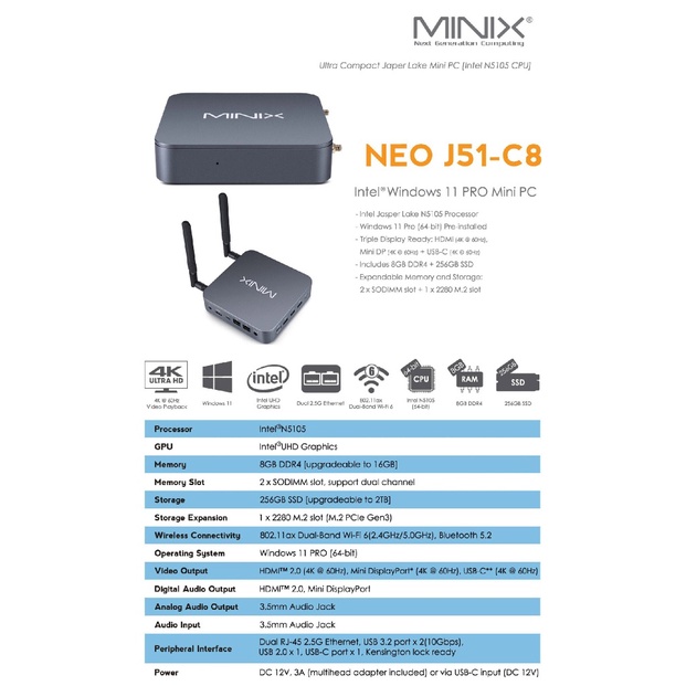 MINIX NEO J51-C8 - Mini PC Win 11 - Intel N5105 RAM 8GB SSD 256GB - MINI PC TERBARU DARI MINIX