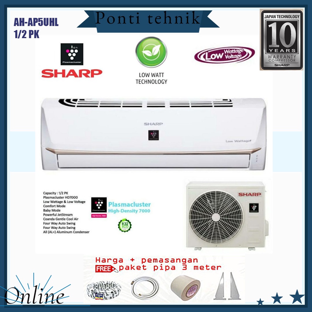 AC SHARP AH-AP 5UHL LOWAT PLASMACLUSTER 1/2 PK+PEMASANGAN