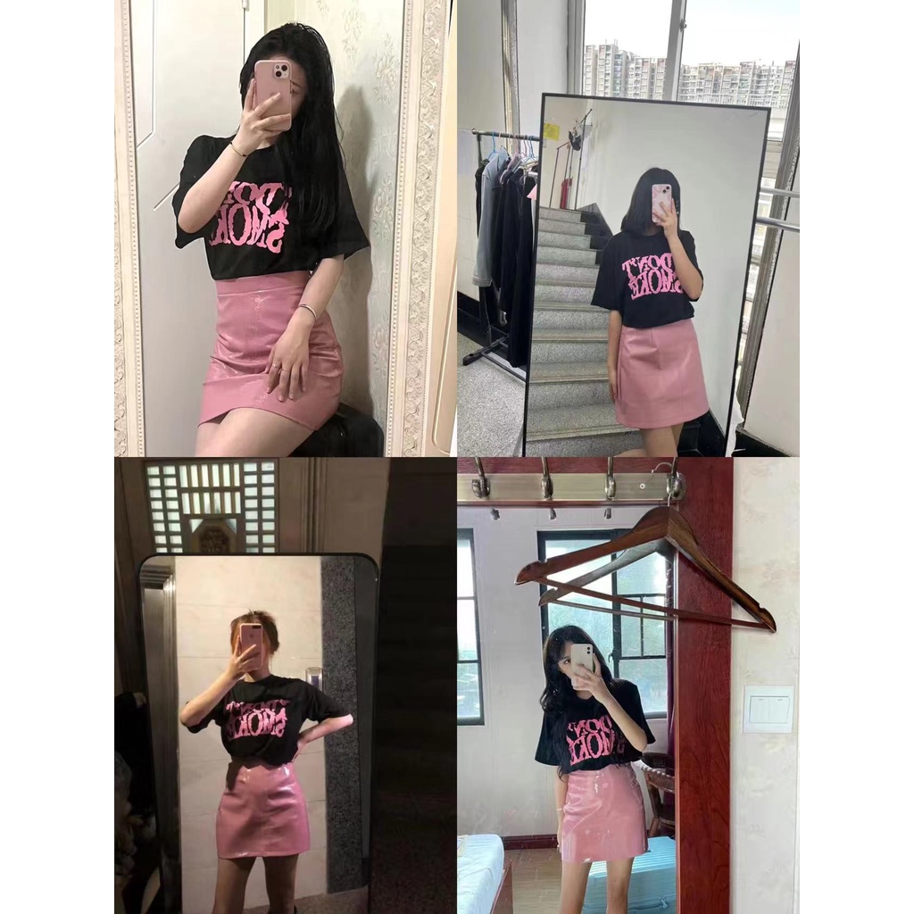 Red Musim Panas Baru Korea Cetak T-Shirt Lengan Pendek Top + Hip Half Rok Kulit Rok Pendek Dua Potongan Pakaian Wanita