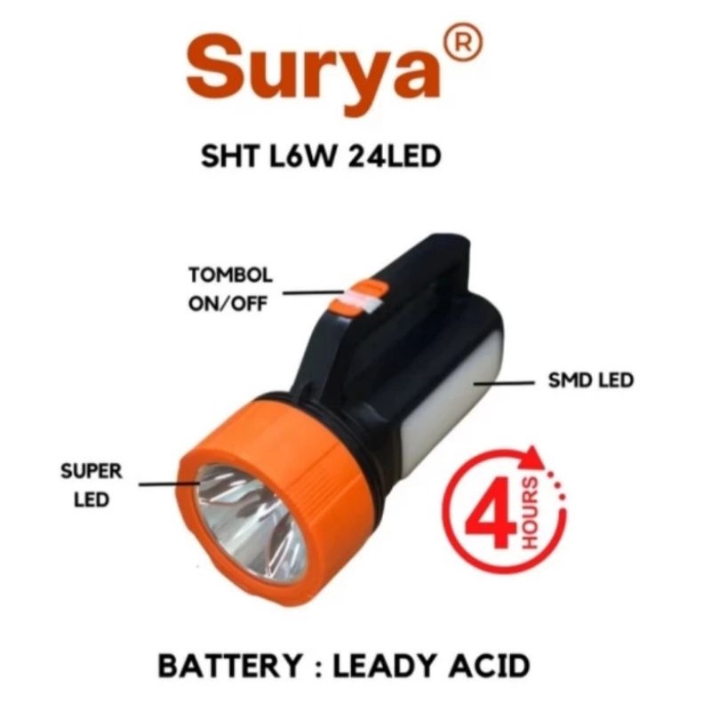 Senter Charge LED SHT L6W Super LED + Emergency 24 SMD LED SURYA