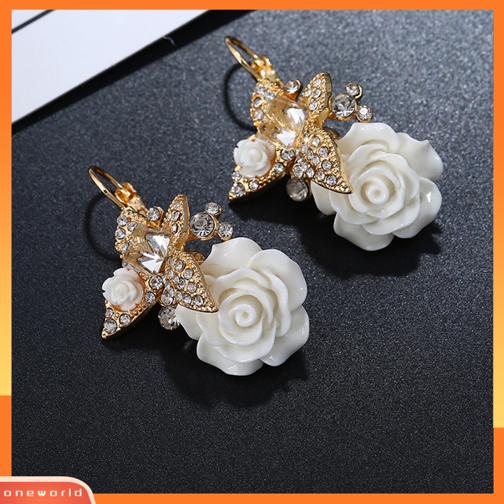 {oneworld} 1pasang Anting Wanita Bunga Berlian Imitasi Vintage Electroplating Anting Gesper Telinga Tahan Lama Untuk Pernikahan