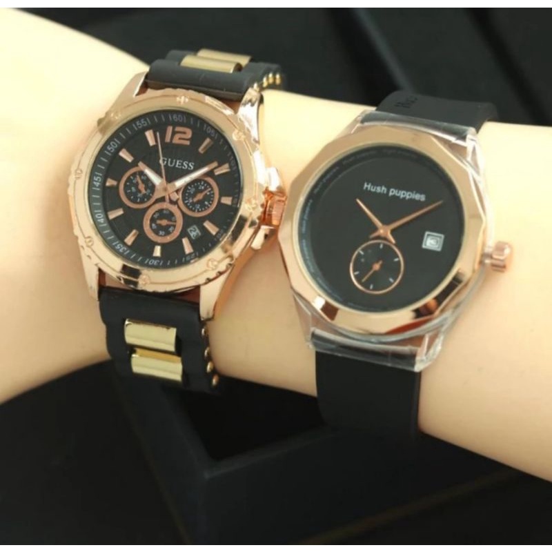 (Cod)Jam Tangan Wanita Gues Ring Rose+Hp Bulat Crono1 Tanggal Aktif Buy1 Get1 Strap Rubber/Karet(Dikirim Jakarta)