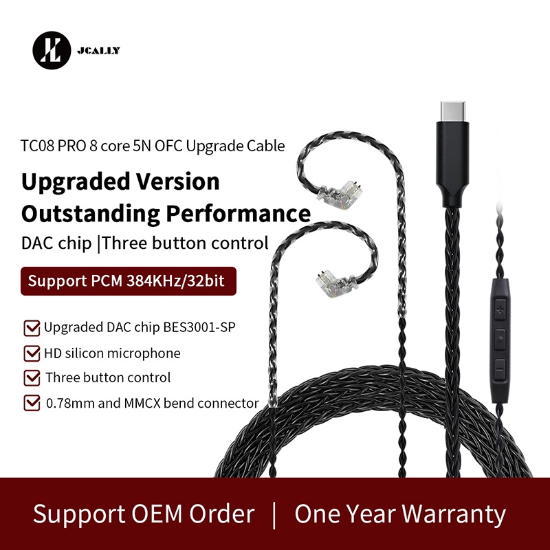 Jcally TC08 PRO Kabel Upgrade Earphone Tipe-C Hitam Lapis Perak Dengan MIC MMCX 2Pin 0.75/0.78 QDC