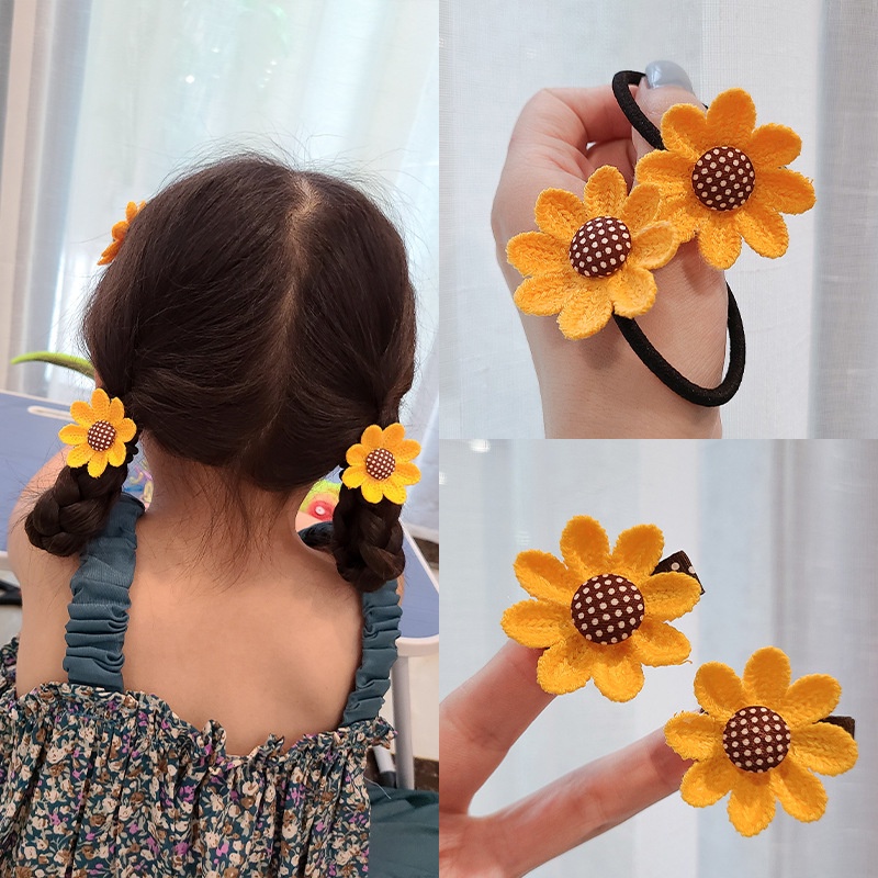 (2 PCS) IKAT &amp; JEPIR RAMBUT RAJUT  ANAK SUN FLOWERS / IKAT RAMBUT DAN JEPIT RAMBUT ANAK BUNGA MATAHARI