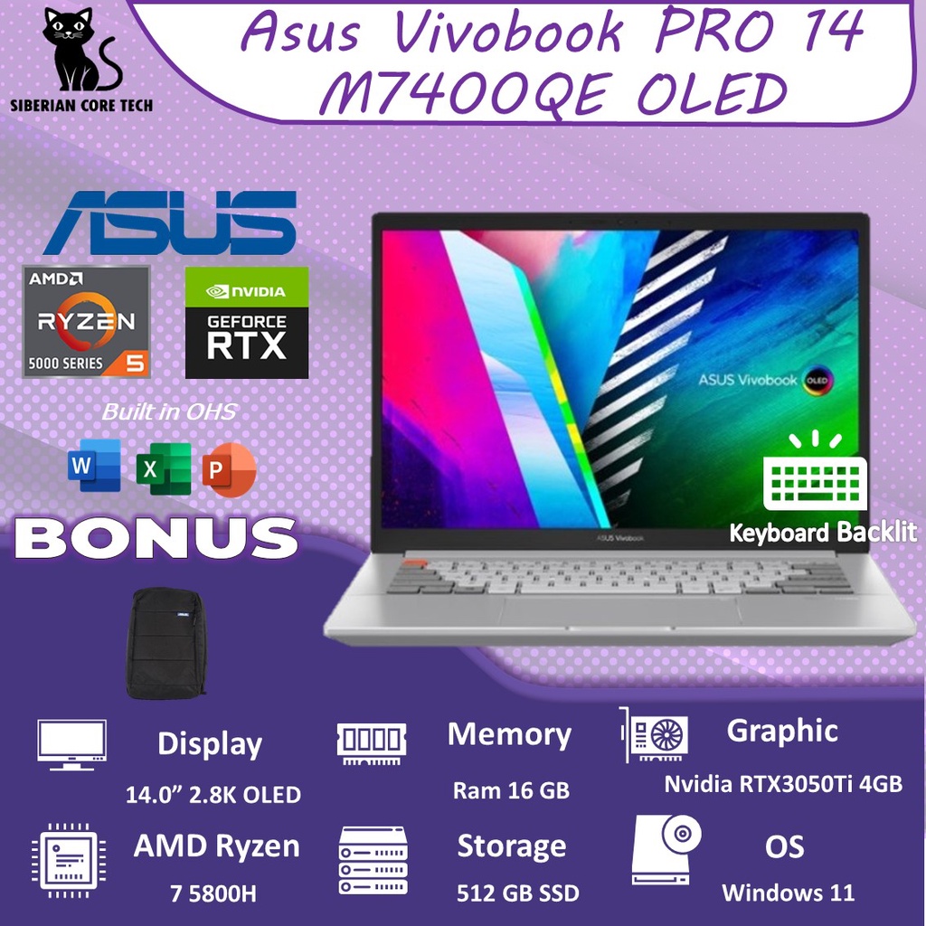 ASUS VIVOBOOK PRO 14 OLED M7400QE OLED713 RTX3050TI 4GB/ RYZEN 7 5800H 16GB 1TBSSD W11+OHS 14.0 2.8K 100DCIP3