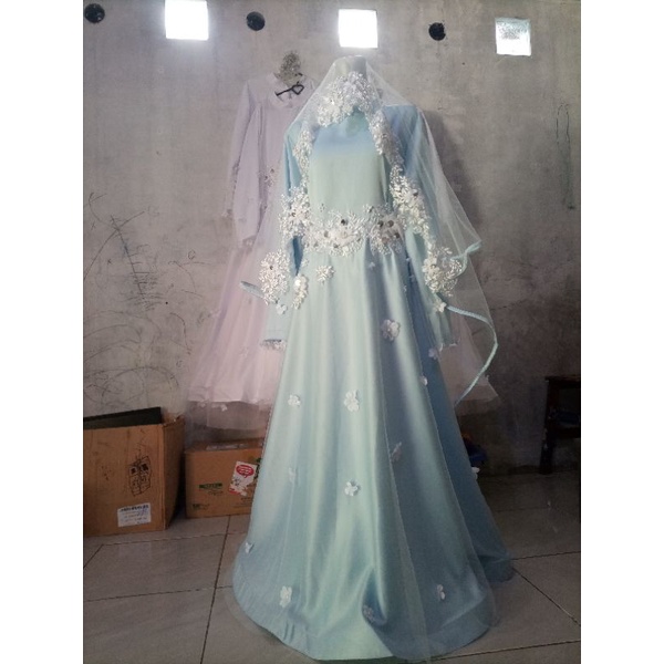 Gaun pengantin syar'i baby blue, gaun akad, gaun walimah, bisa request ukuran full set banyak bonusnya garansi