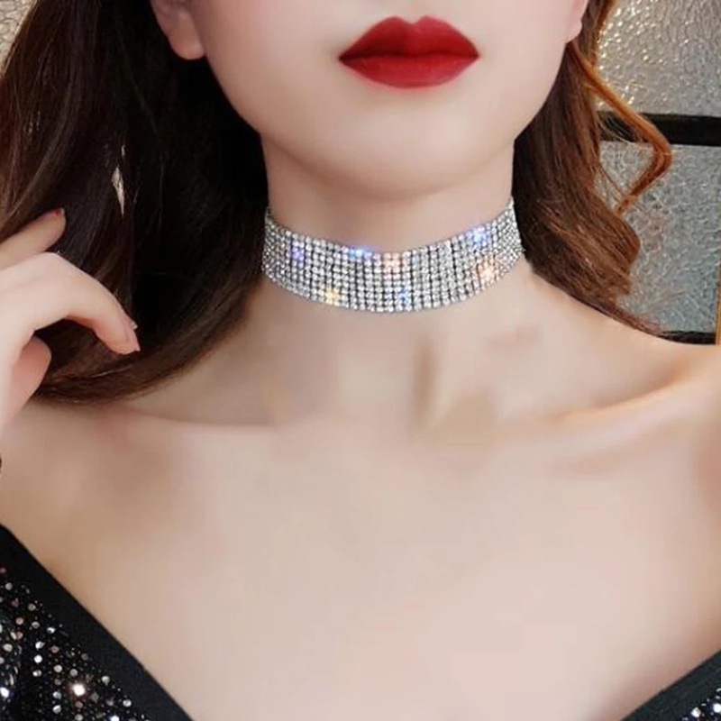 Wanita Fashion Kristal Berlian Imitasi Gothic Choker Kalung/Klavikula Gadis Rantai Kalung Perhiasan Aksesoris/Ladies Populer Punk Penuh Berlian Pesona Kalung/Penjualan Panas