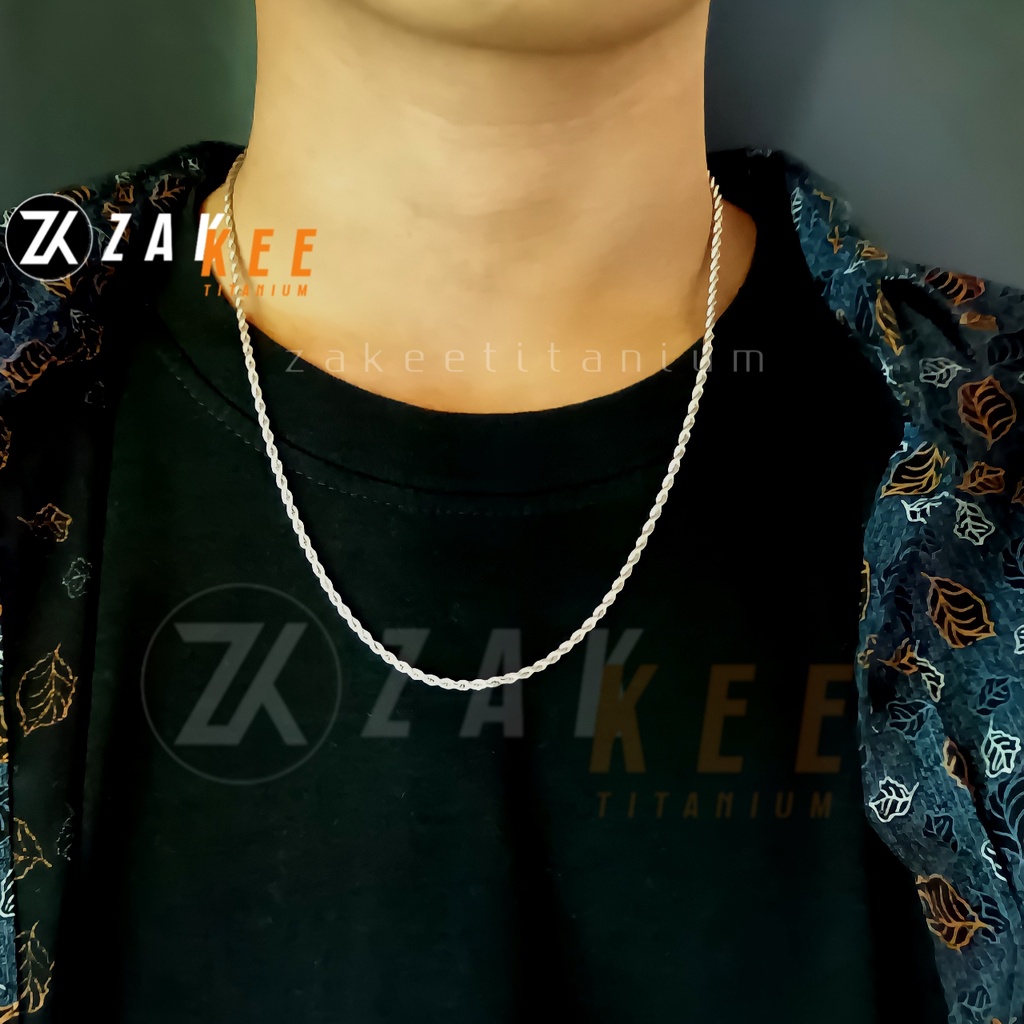 Kalung Pria Titanium Anti Karat Silver Cowok Cewek Keren Wanita Rantai Rante Tali Tambang Ulir Stainless Steel Panjang 45cm 60cm