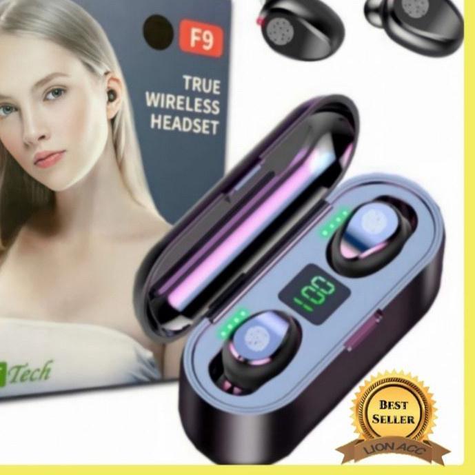 ◊ HEADSET BLUETOOTH TWS F9 + POWERBANK LED TRUE WIRELESS EARPHONE ☁