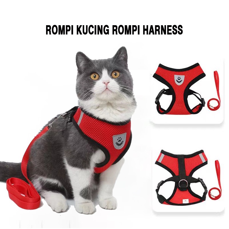 Rompi kucing rompi harness + tali tuntun Harness ROMPI Rompi Harness Modis Mesh Lembut dengan Tali Pengikat Reflektif Harness aksesoris hewan peliharaan