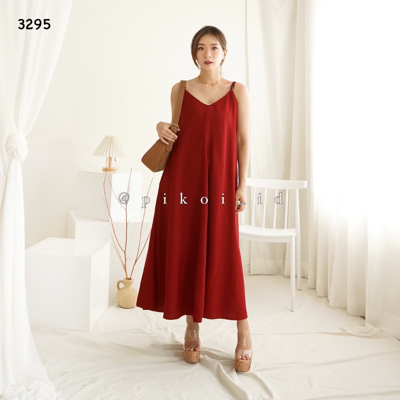 Sleveeless dress merah katun imlek wanita / dress merah ikat cny / dress tali maroon / 3295