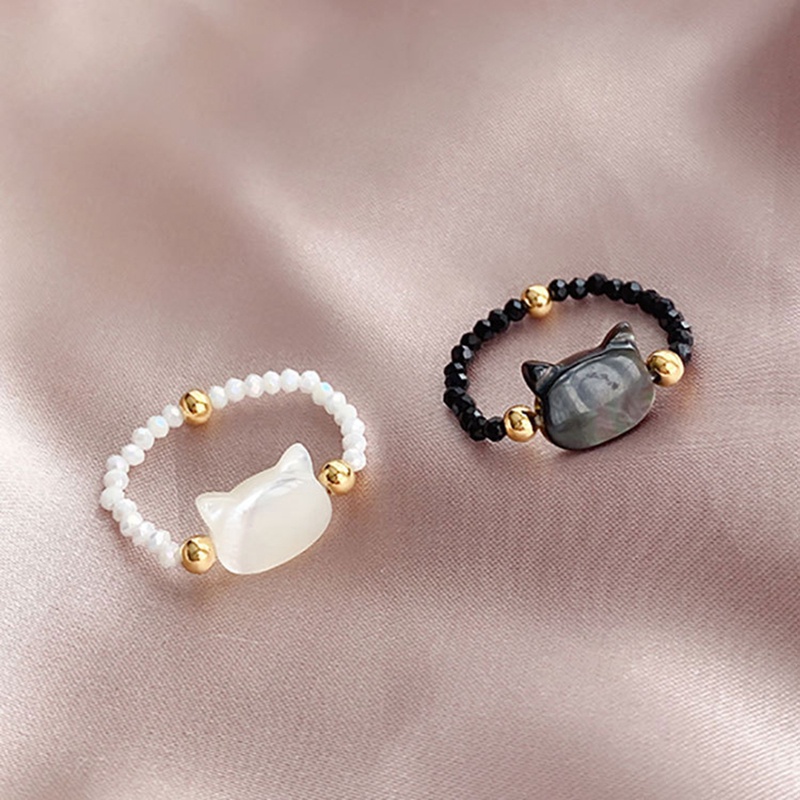 Cincin Vintage Lazy Cat Face Kristal Shell Fashion Gaya Retro Adjustable Tidur Kucing Rings Untuk Wanita Pria