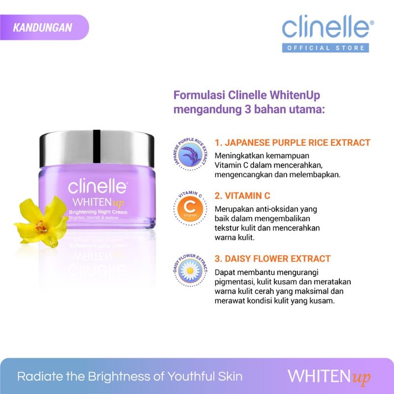 ☘️Yuri Kosmetik☘️ CLINELLE WhitenUp Brightening Night Cream 40 ML / Krim Pelembab Wajah Malam