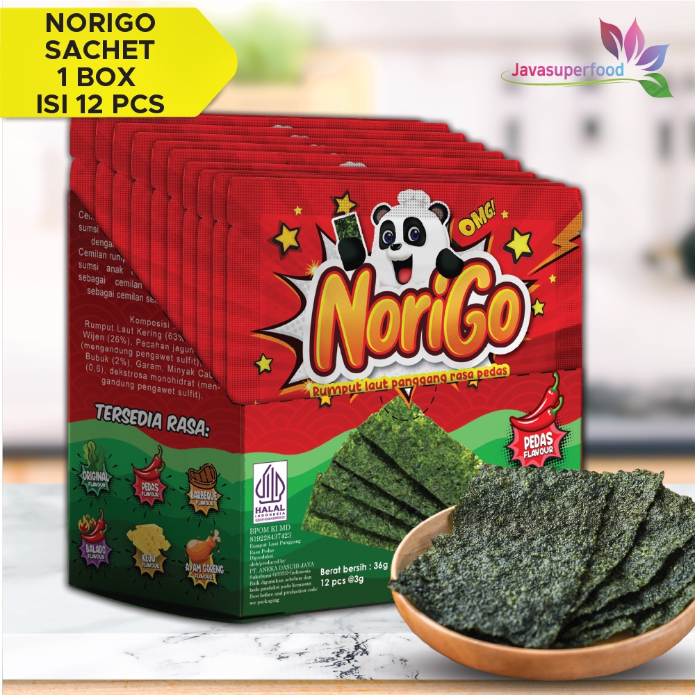 Norigo (1 BOX ISI 12 PCS) / Nori Sachet Spicy Seaweed Snack 3g Rumput Laut Halal Rasa Pedas