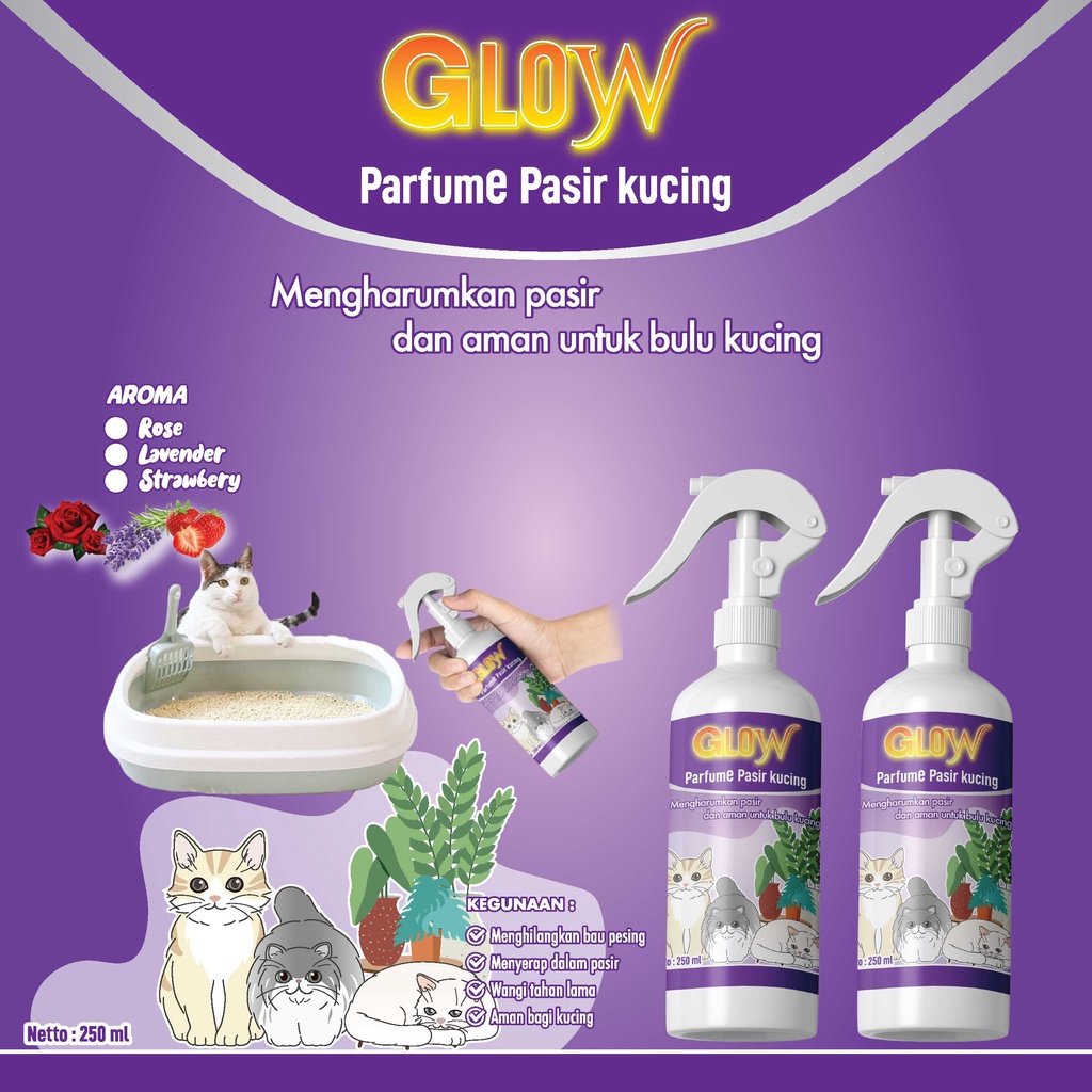 NEW KEMASAN-GLOW PARFUM-Parfum pasir kucing-pewangi kandang kucing-pewangi pasir kucing-pengihilang bau kandang-PENGHILANG BAU PESING