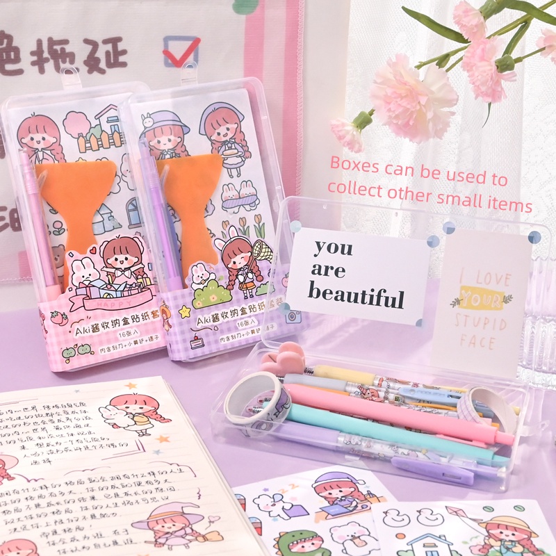 Lucu Stiker Set Alat Gadis Hadiah 19 Pcs DIY Tangan Bahan Akun Dengan Penjepit Ukir Pisau Sekop Diary Scrapbook Siswa Dekorasi Alat Kotak Penyimpanan