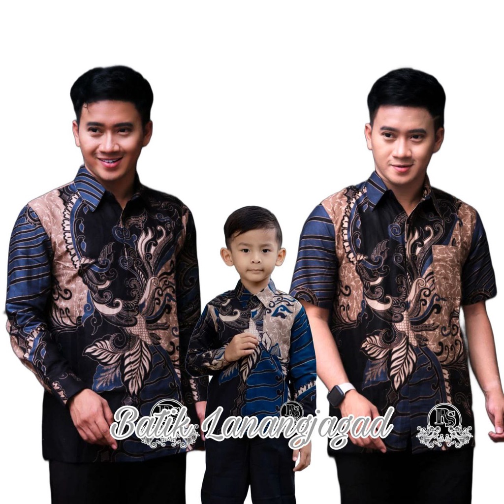 Batik Pria Couple Batik Ayah dan Anak Laki Laki Kemeja Batik Anak Cowok Motif Sangkuriang Biru Navy