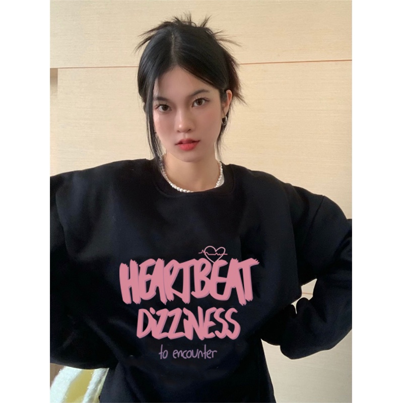 Kaos Stasan Wanita Oversize Couple Sweater American Vintage Pink Letter Cartoon Graphic Priting Top Kekinian Casual Sweater/atasan kaos wanita lengan panjang