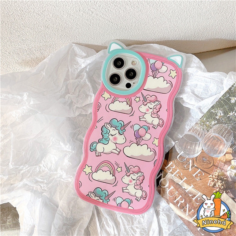 IPHONE Casing Kompatibel Untuk Iphone14 13 12 11 Pro Max X Xr Xs Max8 7 6 6s Plus SE Casing Ponsel Telinga Kucing Unicorn Kartun Lucu Lembut Bergelombang Edge Case Silicon Anti-Shock Bumper Cover Pelindung