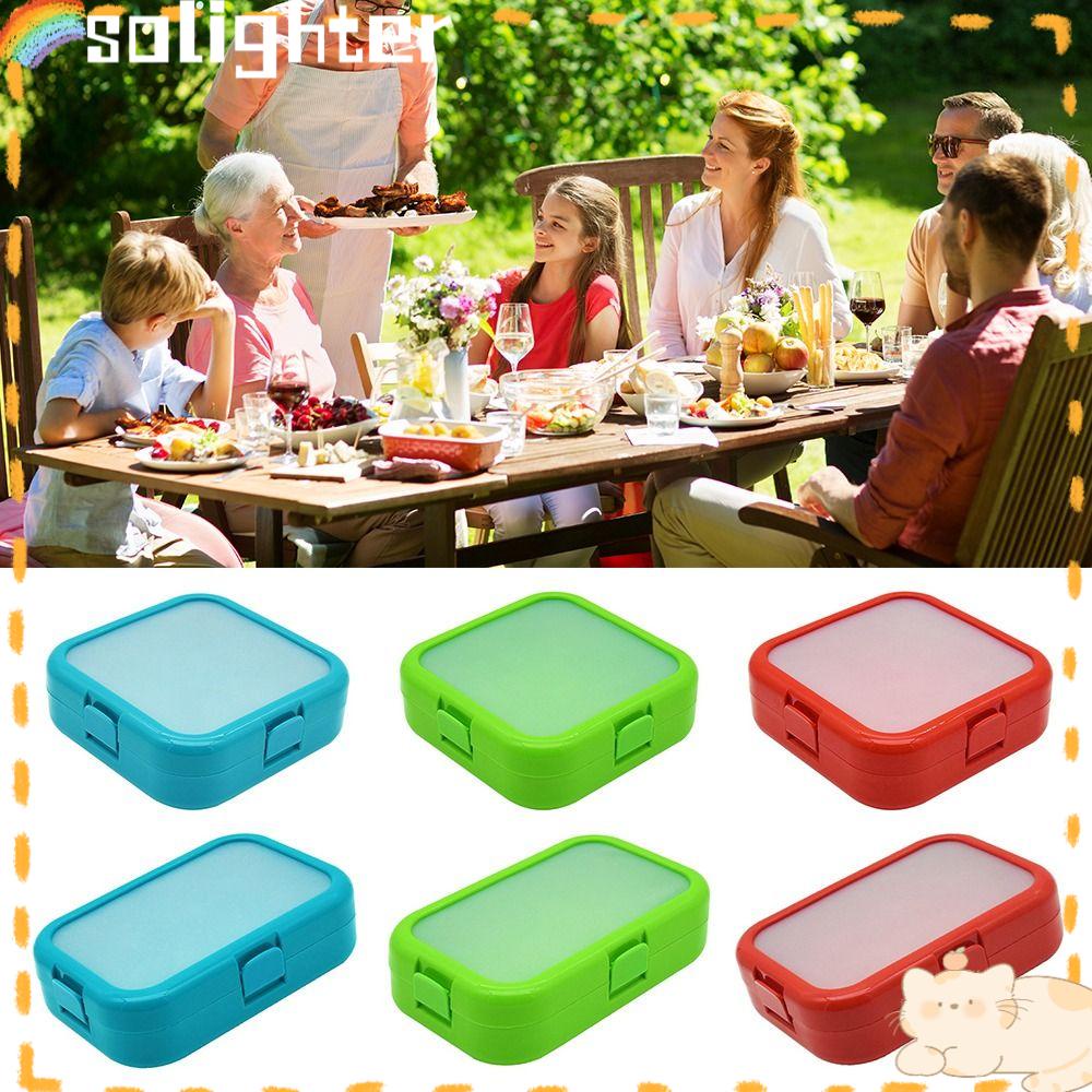 Solighter Lunch Box Microwavable Persegi Panjang Grid Dengan Sendok Wadah Makanan