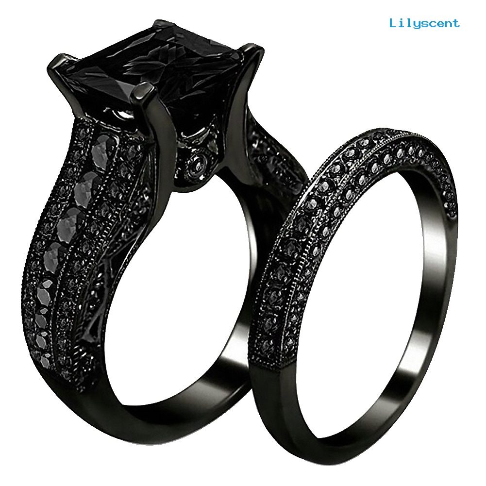 [LS] 2pcs/set Wanita Persegi Cubic Zirconia Jari Cincin Perhiasan Pertunangan Pernikahan