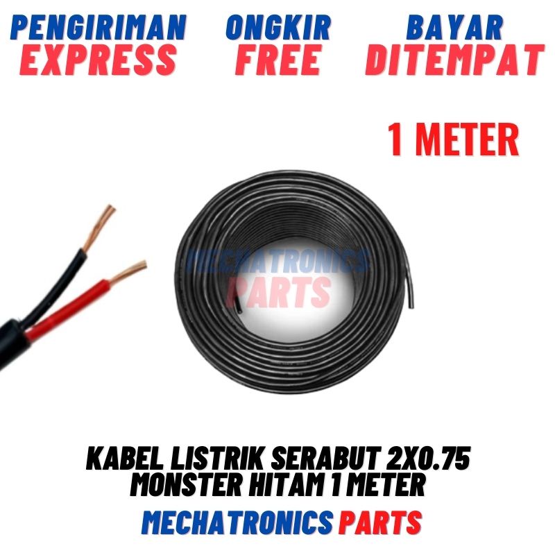 Kabel Listrik Serabut 2x0.75 Monster Hitam 1 Meter Lampu LED Speaker Audio