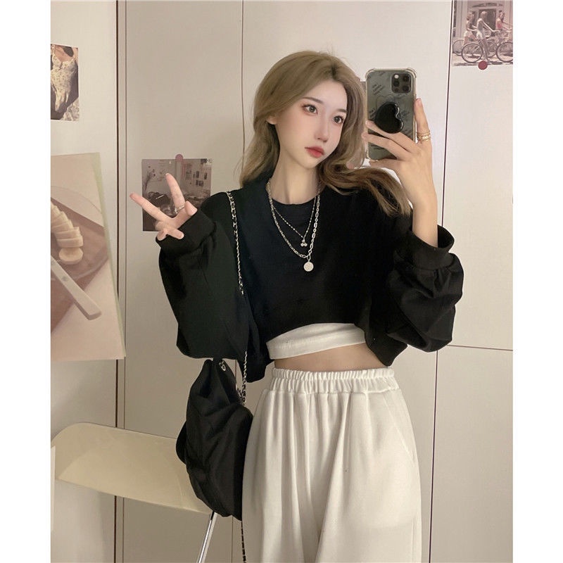 ✣2022 Musim Semi dan Musim Gugur Eropa dan Amerika in longgar pendek top fashion temperamen slim Hyun Ya angin terkena pusar sweater wanita t-shirt