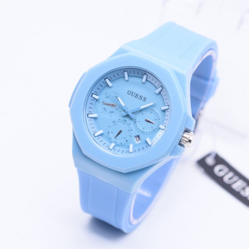 Trendy Jam Tangan Wanita Guess Rubber Tanggal 3080 HB Chrono OFF Free Box